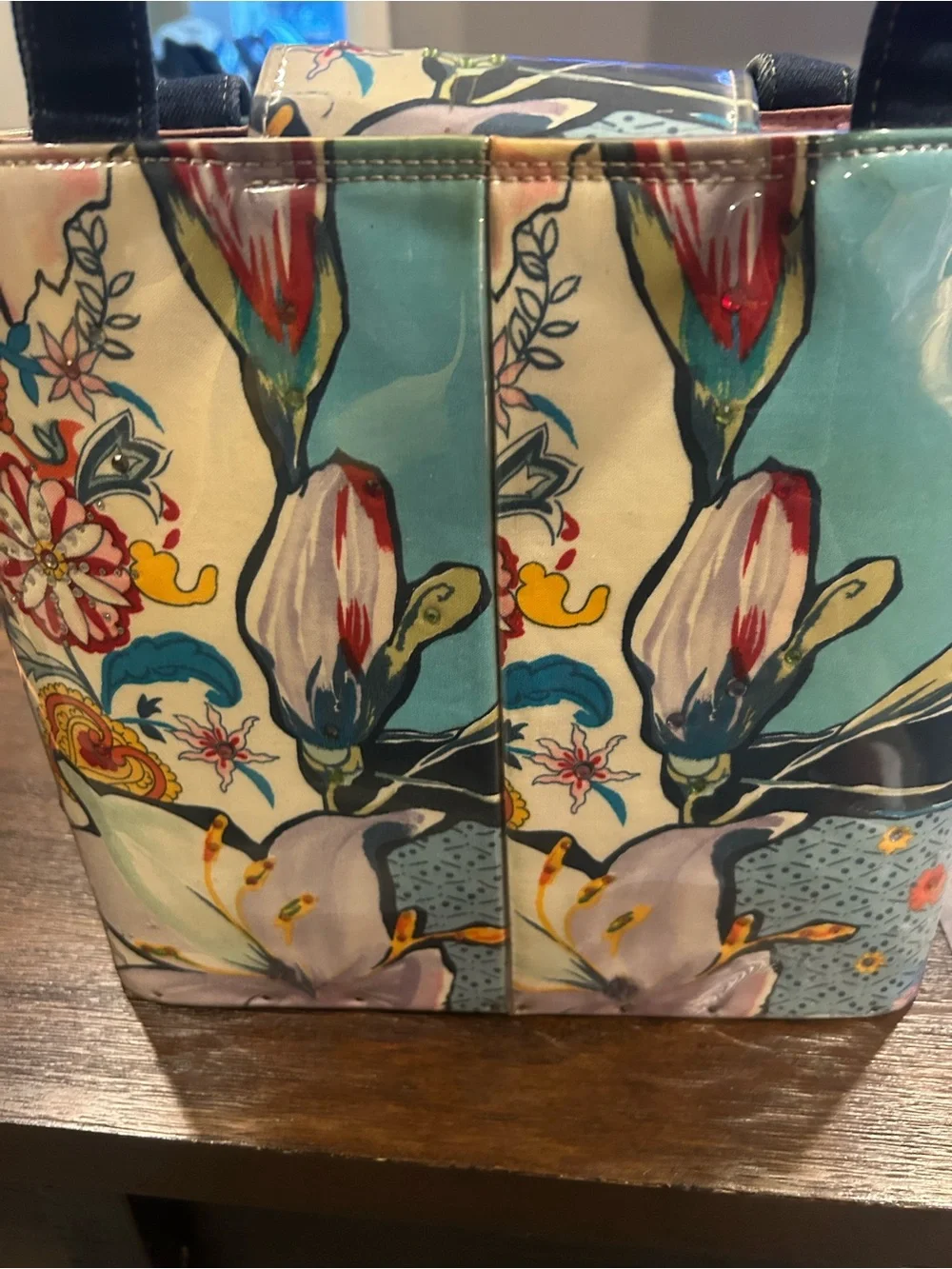 Floral Embellished Blue Multicolor Tote Bag